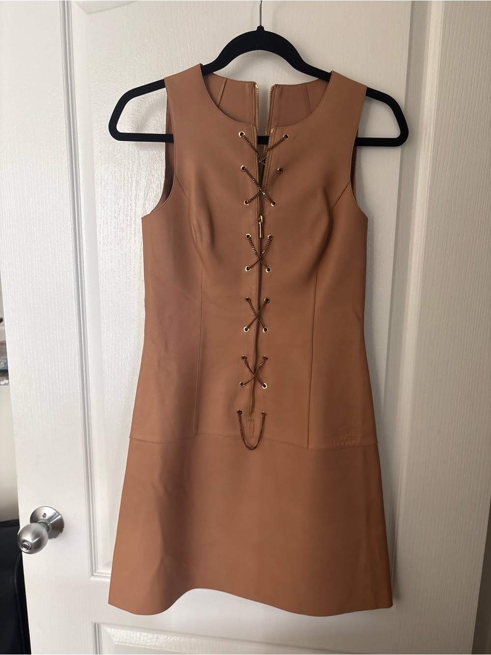 Michael Kors Collection Tan Lace-Up  Leather Mini Dress